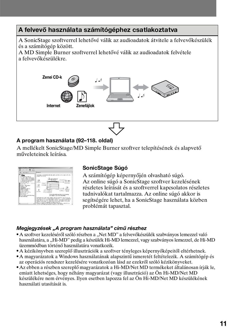 oldal) A mellékelt SonicStage/MD Simple Burner szoftver telepítésének és alapvető műveleteinek leírása. SonicStage Súgó A számítógép képernyőjén olvasható súgó.