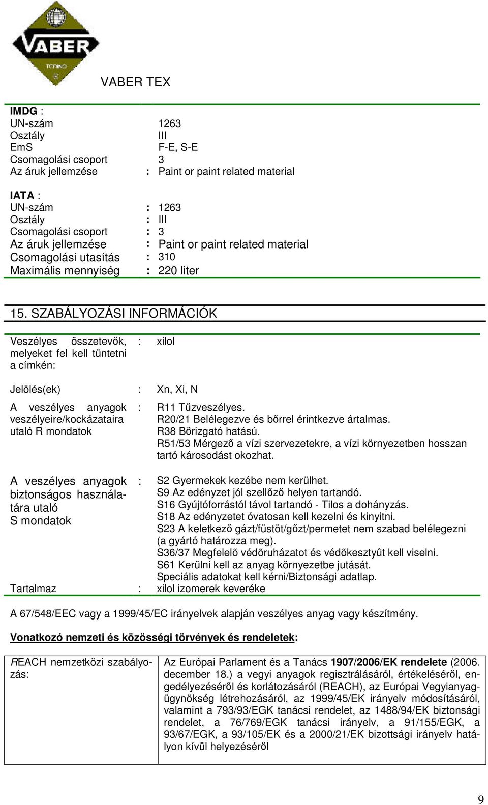 SZABÁLYOZÁSI INFORMÁCIÓK Veszélyes összetevők, melyeket fel kell tüntetni a címkén: : xilol Jelölés(ek) : Xn, Xi, N A veszélyes anyagok veszélyeire/kockázataira utaló R mondatok A veszélyes anyagok