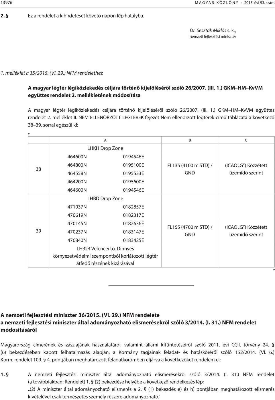 mellékletének módosítása A magyar légtér légiközlekedés céljára történő kijelöléséről szóló 26/2007. (III. 1.) GKM HM KvVM együttes rendelet 2. melléklet II.