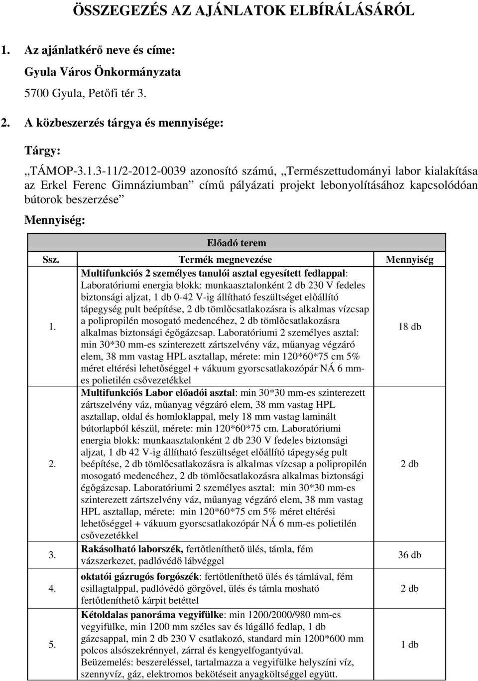 3-11/2-2012-0039 azonosító számú, Természettudományi labor kialakítása az Erkel Ferenc Gimnáziumban című pályázati projekt lebonyolításához kapcsolódóan bútorok beszerzése Mennyiség: Előadó terem 1.