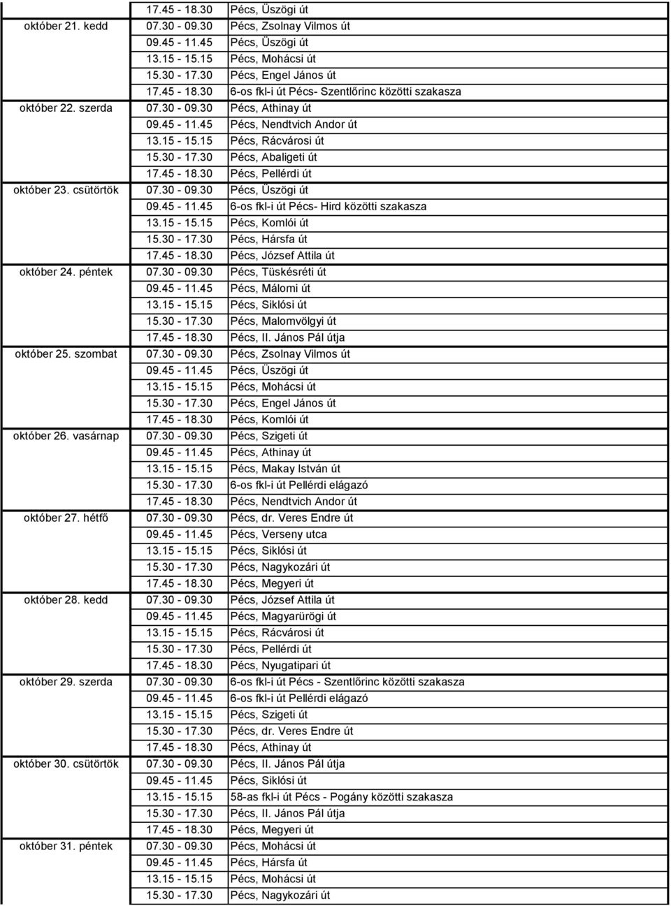 45-11.45 6-os fkl-i út Pécs- Hird közötti szakasza 15.30-17.30 Pécs, Hársfa út 17.45-18.30 Pécs, József Attila út október 24. péntek 07.30-09.30 Pécs, Tüskésréti út 09.45-11.45 Pécs, Málomi út 15.