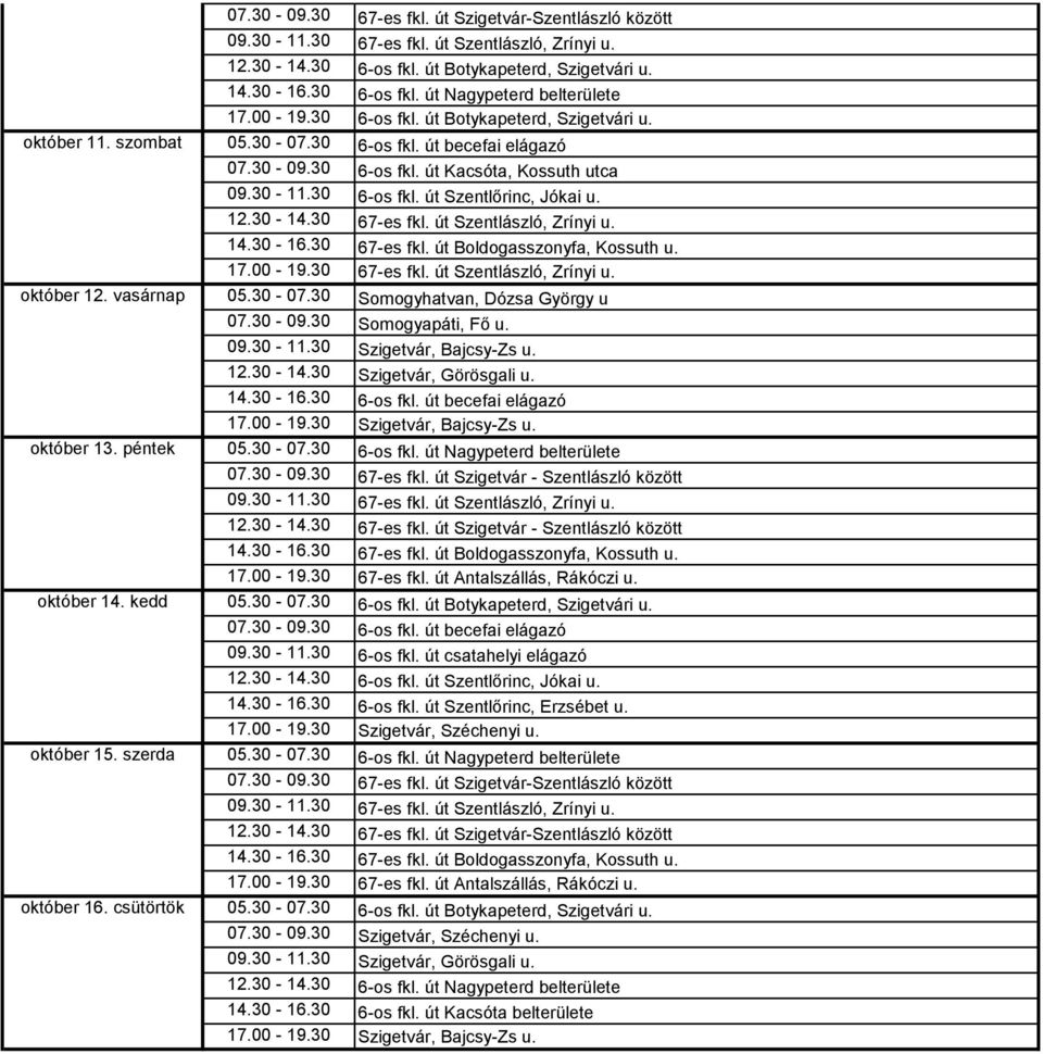 00-19.30 67-es fkl. út Szentlászló, Zrínyi u. október 12. vasárnap 05.30-07.30 Somogyhatvan, Dózsa György u 07.30-09.30 Somogyapáti, Fő u. 09.30-11.30 Szigetvár, Bajcsy-Zs u. 12.30-14.