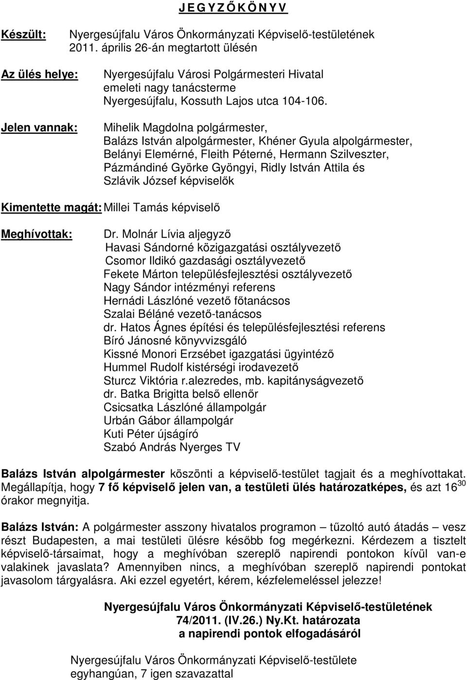 Mihelik Magdolna polgármester, Balázs István alpolgármester, Khéner Gyula alpolgármester, Belányi Elemérné, Fleith Péterné, Hermann Szilveszter, Pázmándiné Györke Gyöngyi, Ridly István Attila és