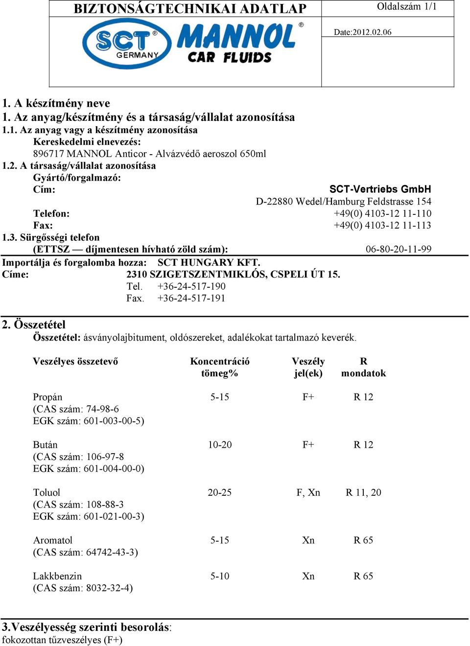 12 11-110 Fax: +49(0) 4103-12 11-113 1.3. Sürgősségi telefon (ETTSZ díjmentesen hívható zöld szám): 06-80-20-11-99 Importálja és forgalomba hozza: SCT HUNGARY KFT.