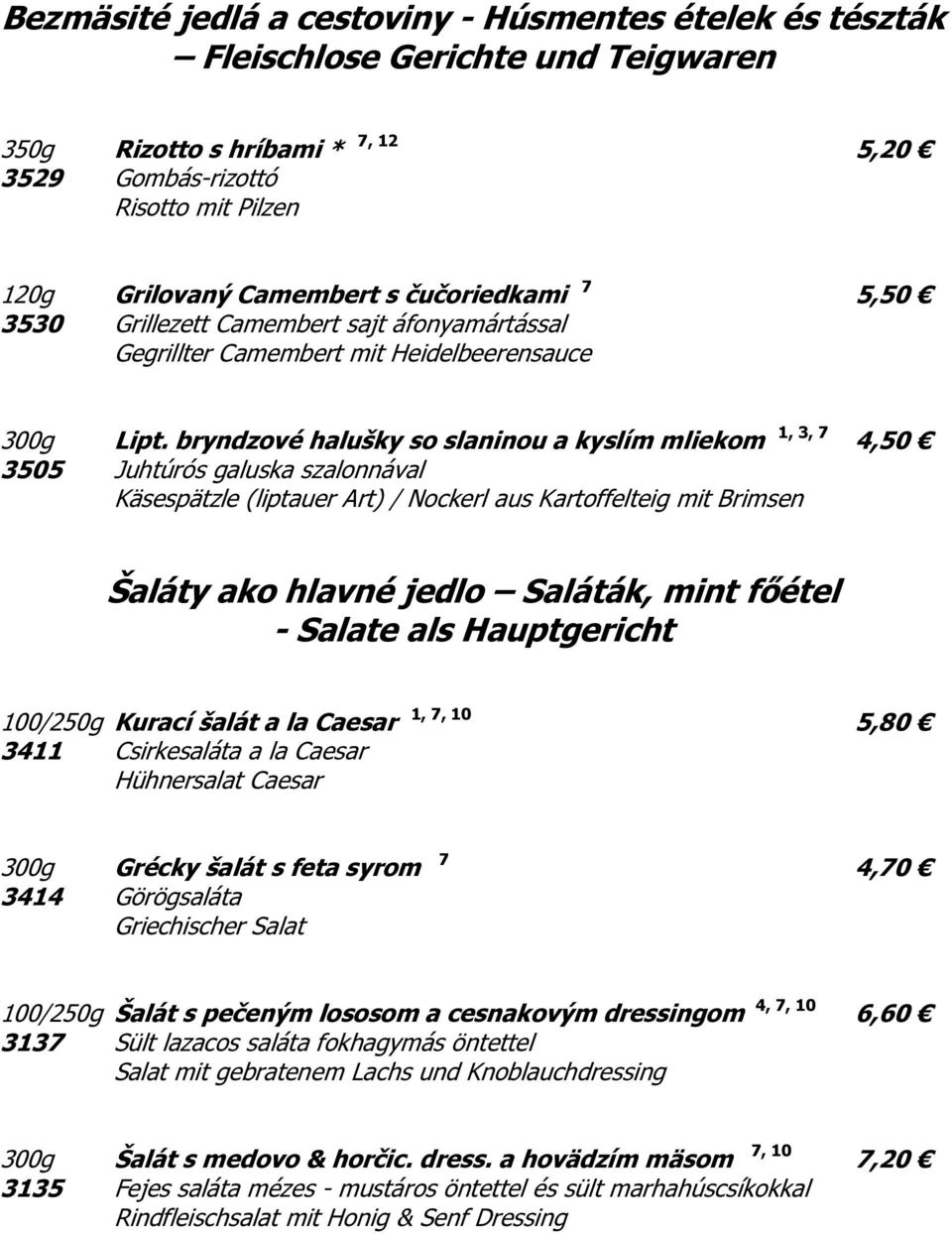 bryndzové halušky so slaninou a kyslím mliekom 1, 3, 7 4,50 3505 Juhtúrós galuska szalonnával Käsespätzle (liptauer Art) / Nockerl aus Kartoffelteig mit Brimsen Šaláty ako hlavné jedlo Saláták, mint