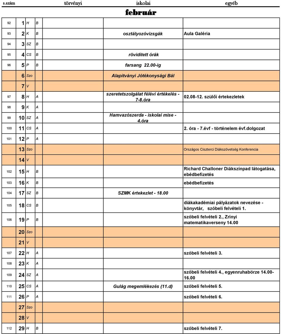 óra - 7.évf - történelem évf.dolgozat 101 12 P A 13 Szo Országos Ciszterci Diákszövetség Konferencia 14 V 102 15 H B 103 16 K B ebédbefizetés 104 17 SZ B SZMK értekezlet - 18.