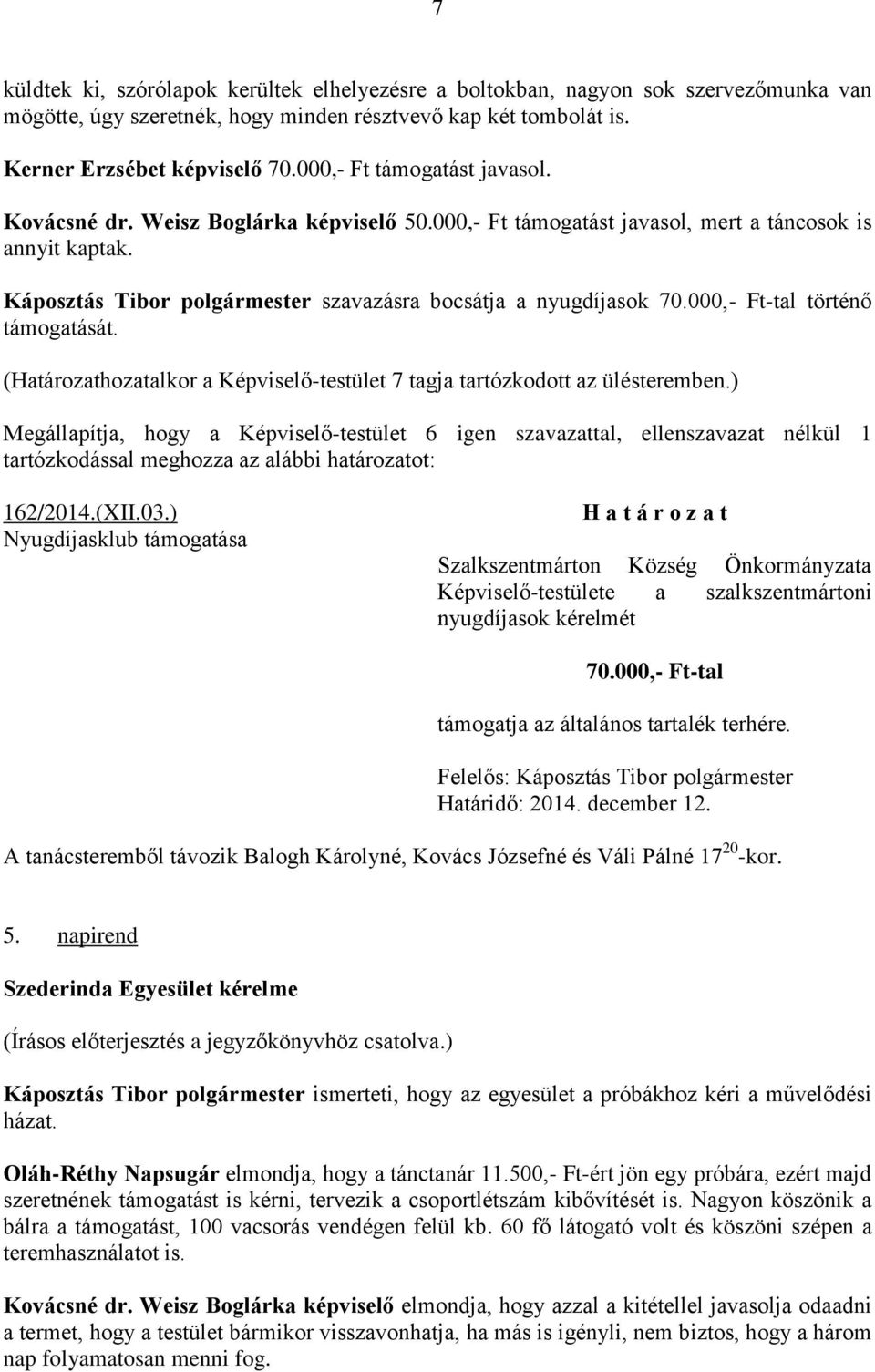 000,- Ft-tal történő támogatását. Megállapítja, hogy a Képviselő-testület 6 igen szavazattal, ellenszavazat nélkül 1 tartózkodással 162/2014.(XII.03.