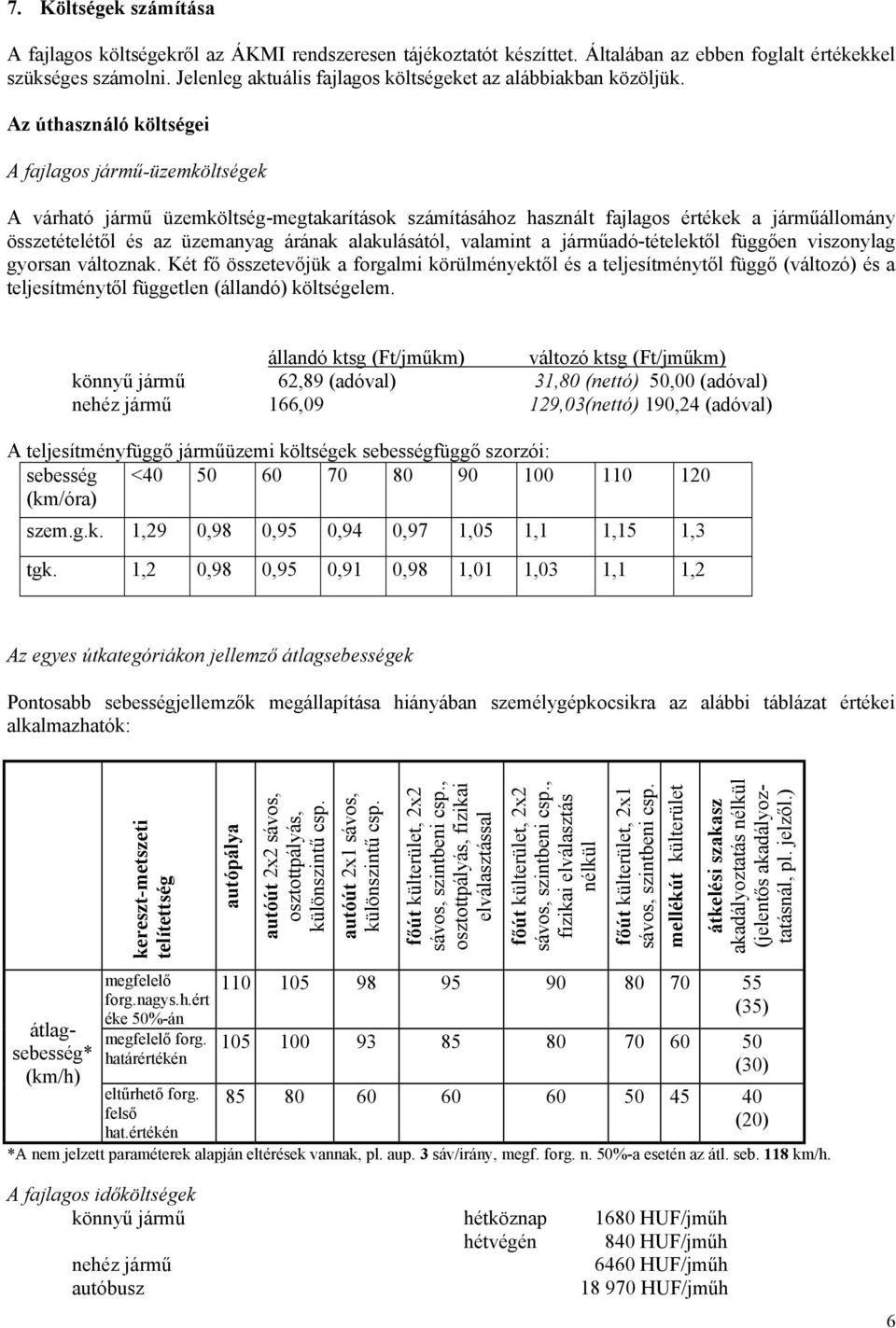 Az úthasználó költségei A fajlagos jármű-üzemköltségek A várható jármű üzemköltség-megtakarítások számításához használt fajlagos értékek a járműállomány összetételétől és az üzemanyag árának