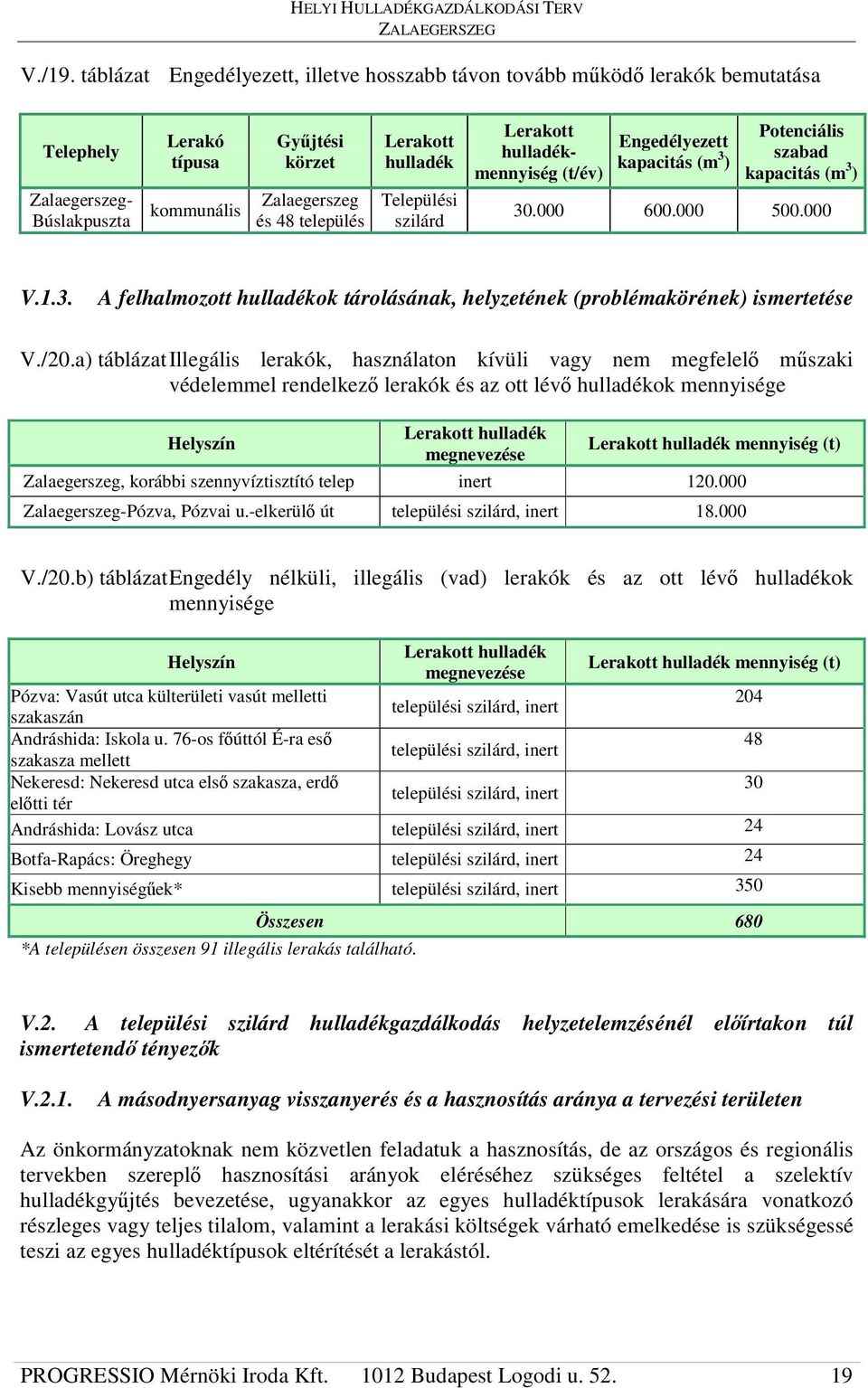 hulladék Települési szilárd Lerakott hulladékmennyiség (t/év) Engedélyezett kapacitás (m 3 ) Potenciális szabad kapacitás (m 3 ) 30.000 600.000 500.000 V.1.3. A felhalmozott hulladékok tárolásának, helyzetének (problémakörének) ismertetése V.