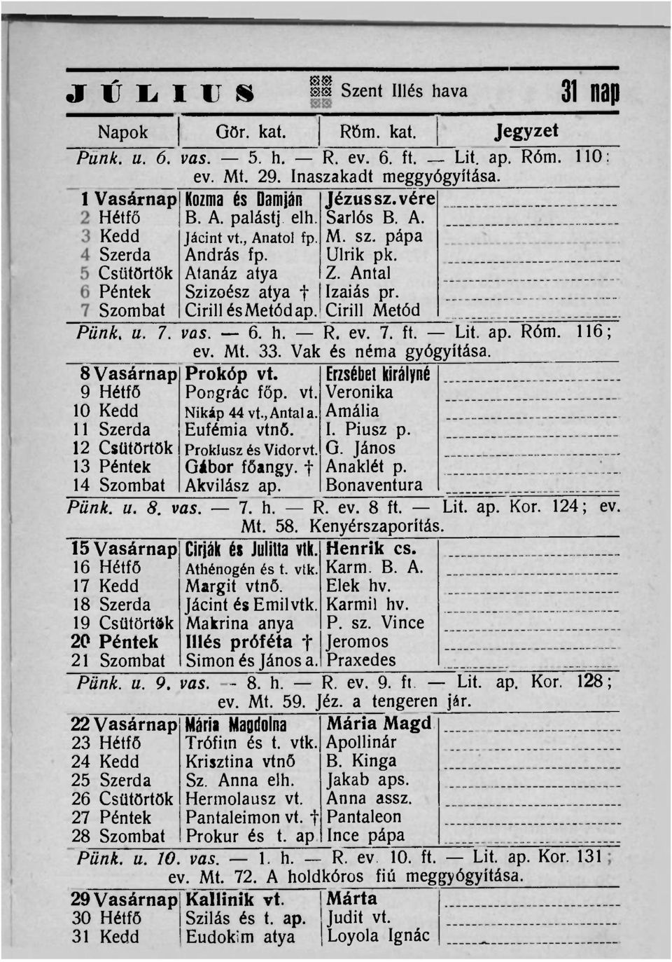 Antal Péntek Szizoész atya f Izaiás pr. Szombat Cirill és Metód ap. Cirill Metód Pünk. u. 7. vas. 6. h. R. ev. 7. ft. Lit. ap. Róm. 116; ev. Mt. 33.