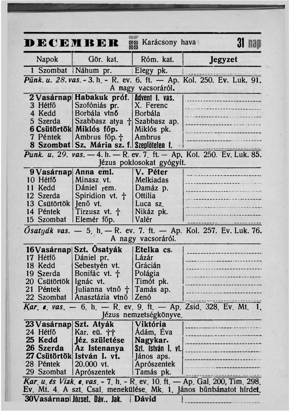 Ferenc Borbála Szabbasz ap. Miklós pk. Ambrus Szeplőtelen f. Punk. u. 29. vas. 4. h. R. ev. 7. ft. - Ap. Kol. 250. Ev. Luk. 85. Jézus poklosokat gyógyít.