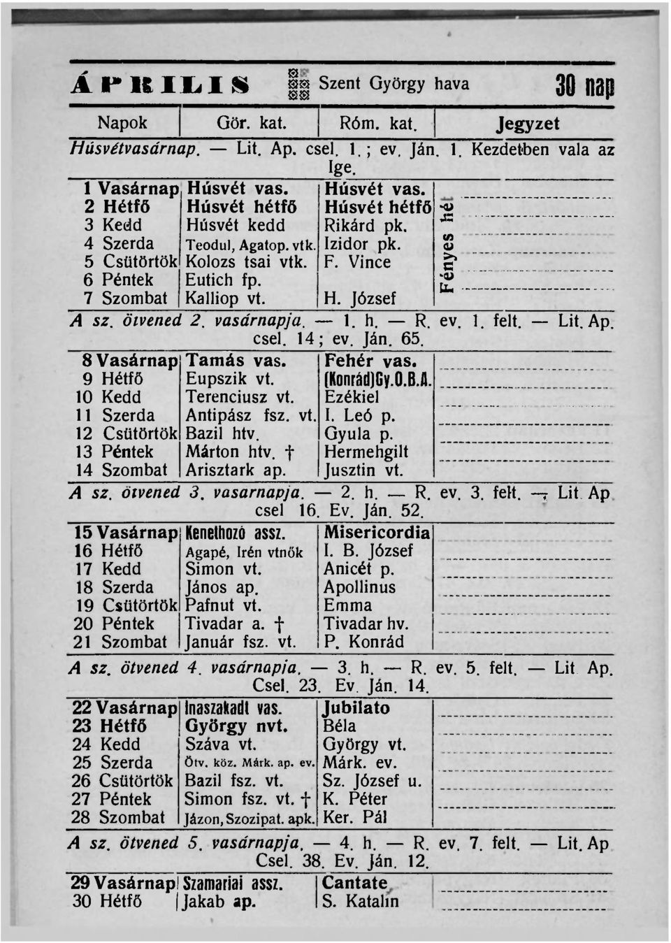 ötvened 2. vasárnapja. 1. h. R. ev. 1. felt. Lit. Ap. csel. 14; ev. Ján. 65. 8 Vasárnap Tamás vas. Fehér vas. 9 Hétfő Eupszik vt. (Konrád)Gy.O.BJ. 10 Kedd Terenciusz vt.