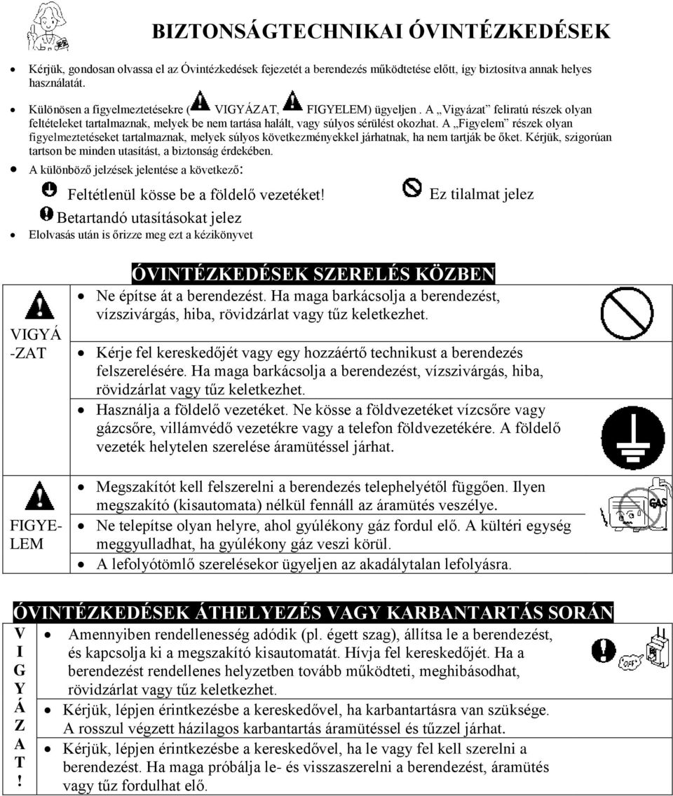 A Figyelem részek olyan figyelmeztetéseket tartalmaznak, melyek súlyos következményekkel járhatnak, ha nem tartják be őket. Kérjük, szigorúan tartson be minden utasítást, a biztonság érdekében.