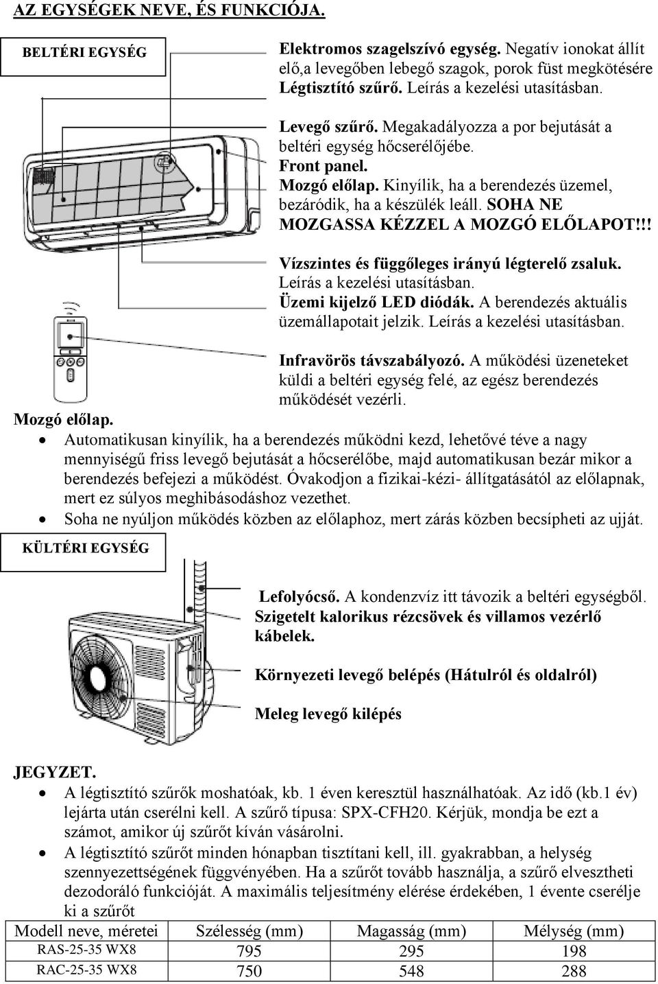 SOHA NE MOZGASSA KÉZZEL A MOZGÓ ELŐLAPOT!!! Vízszintes és függőleges irányú légterelő zsaluk. Leírás a kezelési utasításban. Üzemi kijelző LED diódák. A berendezés aktuális üzemállapotait jelzik.