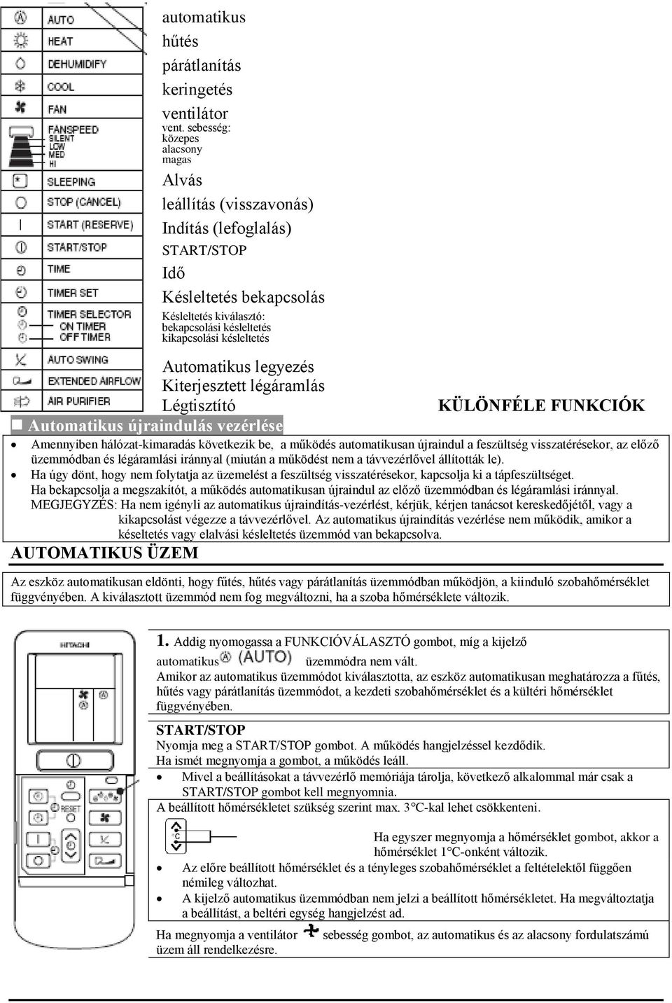 Automatikus legyezés Kiterjesztett légáramlás Légtisztító Automatikus újraindulás vezérlése KÜLÖNFÉLE FUNKCIÓK Amennyiben hálózat-kimaradás következik be, a működés automatikusan újraindul a