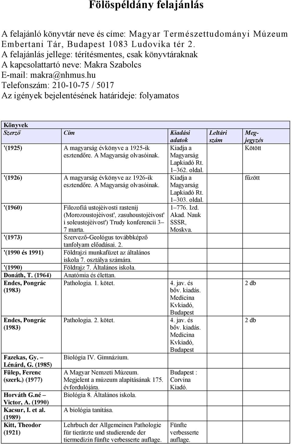 hu Telefonszám: 210-10-75 / 5017 Az igények bejelentésének határideje: folyamatos Könyvek Szerző Cím Kiadási adatok '(1925) '(1926) '(1960) '(1973) '(1990 és 1991) '(1990) Donáth, T.