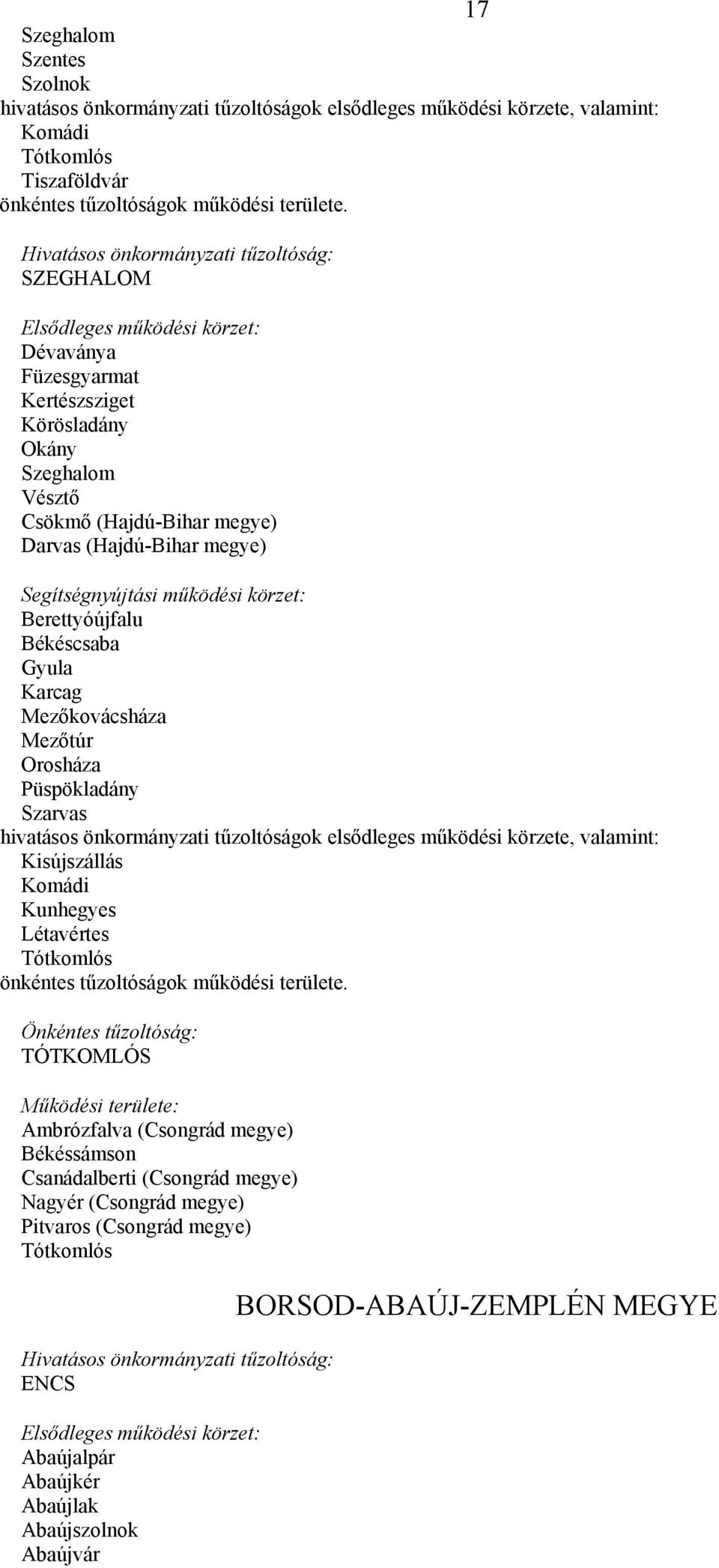 Kisújszállás Komádi Kunhegyes Létavértes Tótkomlós Önkéntes tűzoltóság: TÓTKOMLÓS Működési területe: Ambrózfalva (Csongrád megye) Békéssámson