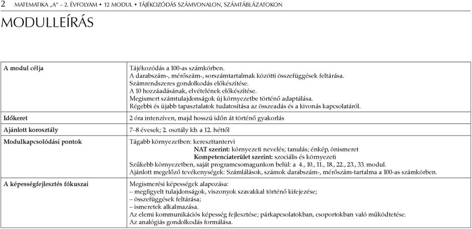 számkörben. A darabszám-, mérőszám-, sorszámtartalmak közötti összefüggések feltárása. Számrendszeres gondolkodás előkészítése. A 10 hozzáadásának, elvételének előkészítése.