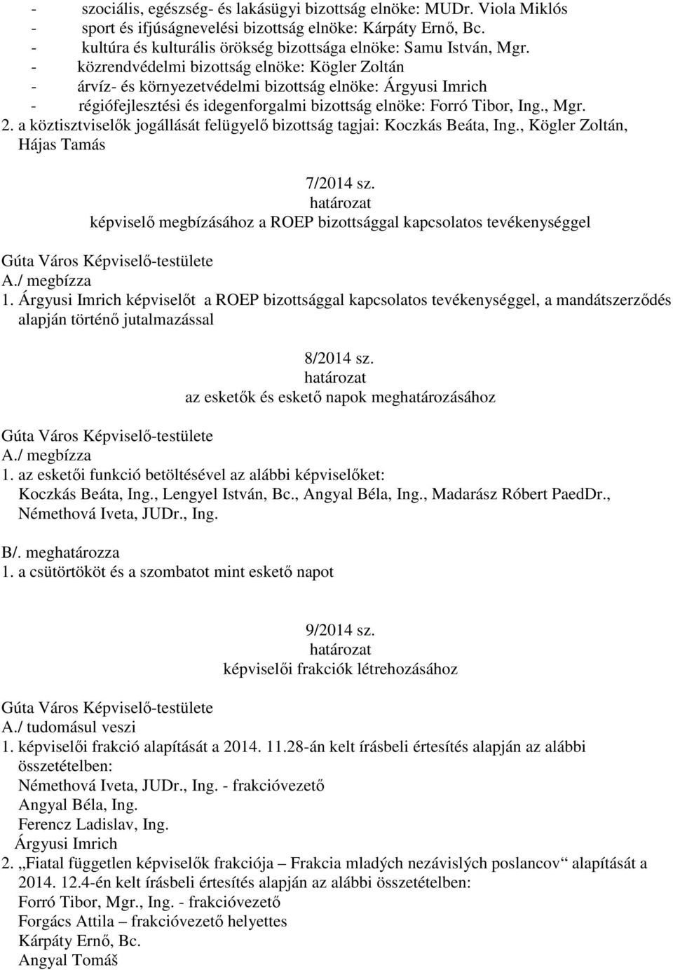 - közrendvédelmi bizottság elnöke: Kögler Zoltán - árvíz- és környezetvédelmi bizottság elnöke: Árgyusi Imrich - régiófejlesztési és idegenforgalmi bizottság elnöke: Forró Tibor, Ing., Mgr. 2.