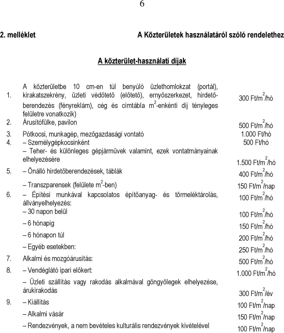 Árusítófülke, pavilon 500 Ft/m 2 /hó 3. Pótkocsi, munkagép, mezőgazdasági vontató 1.000 Ft/hó 4.