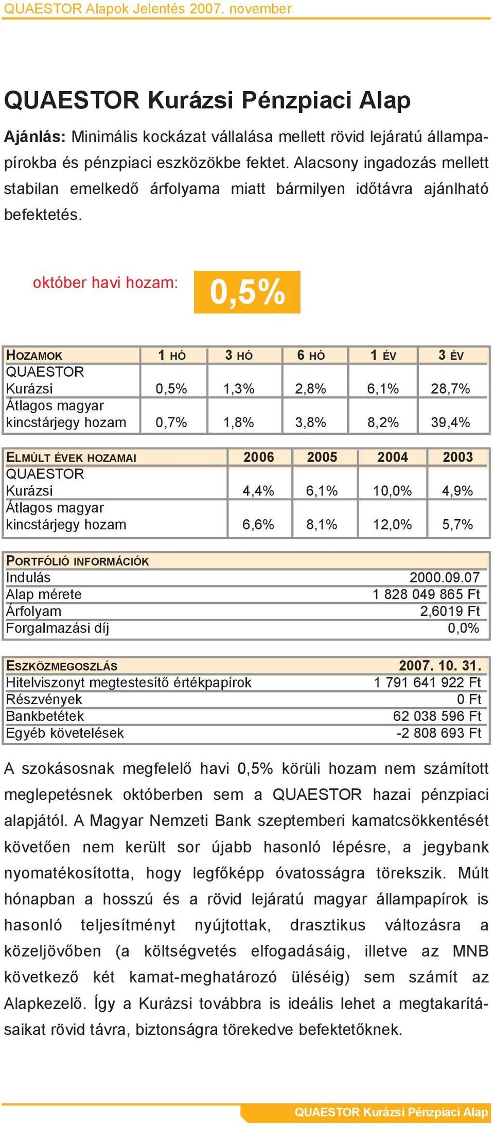 0,5% Kurázsi 0,5% 1,3% 2,8% 6,1% 28,7% kincstárjegy hozam 0,7% 1,8% 3,8% 8,2% 39,4% ELMÚLT ÉVEK HOZAMAI 2006 2005 2004 2003 Kurázsi 4,4% 6,1% 10,0% 4,9% kincstárjegy hozam 6,6% 8,1% 12,0% 5,7%