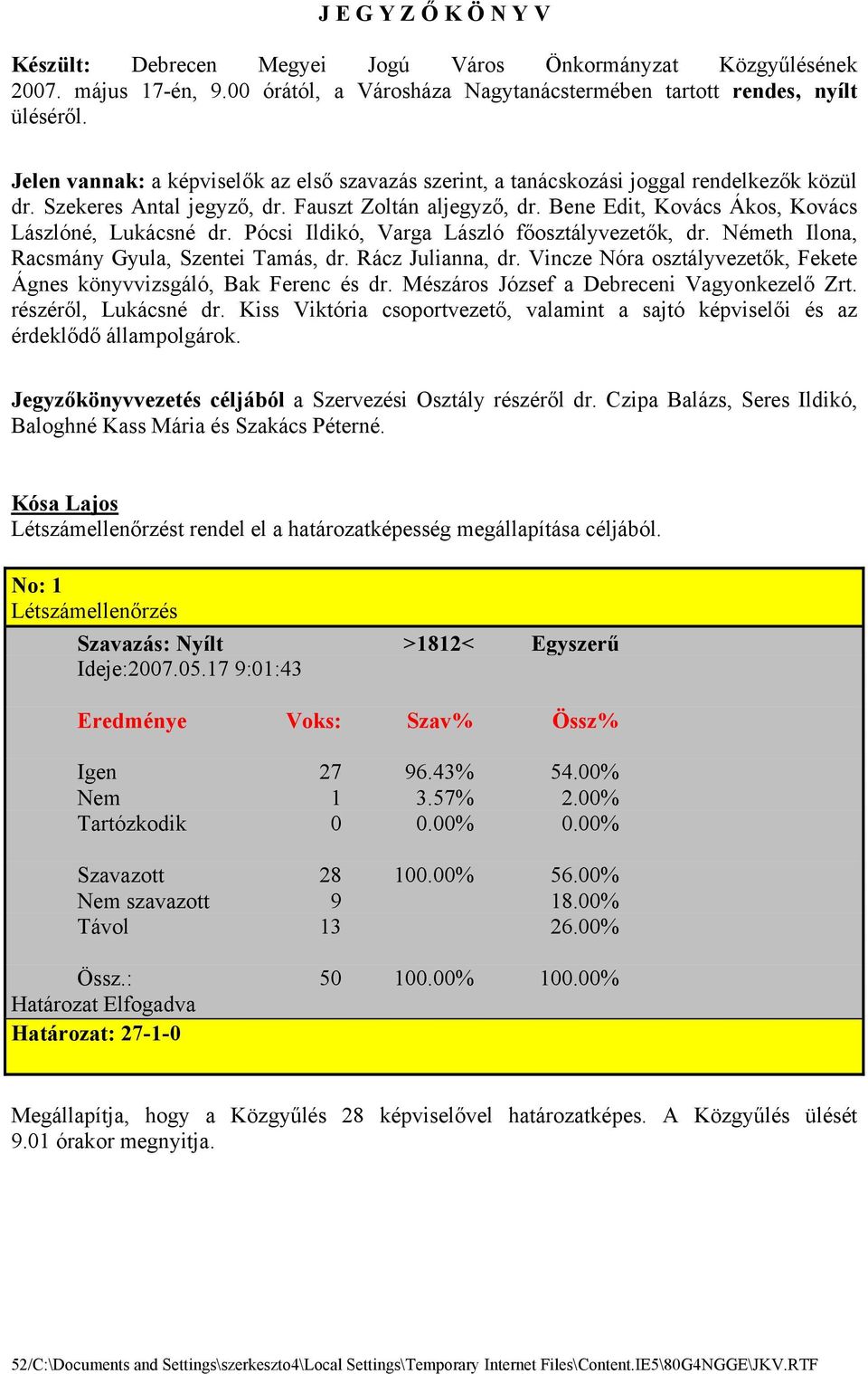 Bene Edit, Kovács Ákos, Kovács Lászlóné, Lukácsné dr. Pócsi Ildikó, Varga László főosztályvezetők, dr. Németh Ilona, Racsmány Gyula, Szentei Tamás, dr. Rácz Julianna, dr.