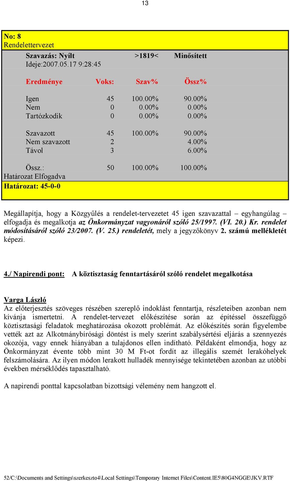 00% Határozat Elfogadva Határozat: 45-0-0 Megállapítja, hogy a Közgyűlés a rendelet-tervezetet 45 igen szavazattal egyhangúlag elfogadja és megalkotja az Önkormányzat vagyonáról szóló 25/1997. (VI.