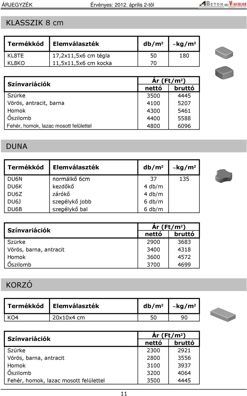 szegélykő jobb 6 db/m DU6B szegélykő bal 6 db/m 2900 3683 Vörös, barna, antracit 3400 4318 3600 4572 Őszilomb 3700 4699 KORZÓ KO4