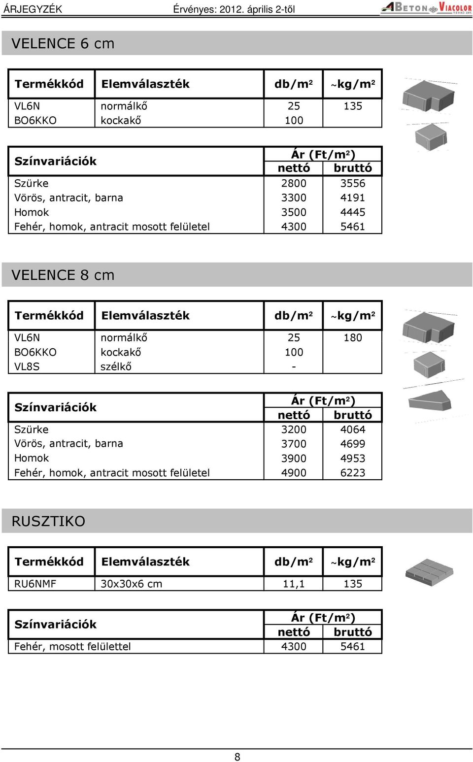 BO6KKO kockakő 100 VL8S szélkő - 3200 4064 3700 4699 3900 4953 Fehér, homok, antracit