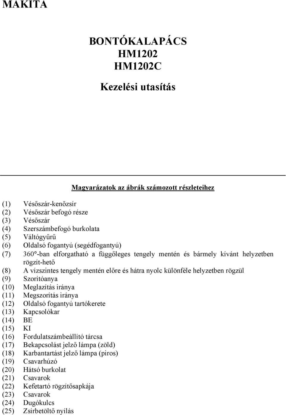 különféle helyzetben rögzül (9) Szorítóanya (10) Meglazítás iránya (11) Megszorítás iránya (12) Oldalsó fogantyú tartókerete (13) Kapcsolókar (14) BE (15) KI (16) Fordulatszámbeállító tárcsa (17)