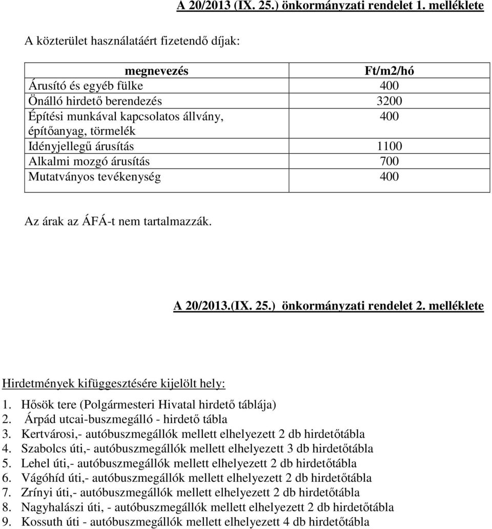 Idényjellegű árusítás 1100 Alkalmi mozgó árusítás 700 Mutatványos tevékenység 400 Az árak az ÁFÁ-t nem tartalmazzák. A 20/2013.(IX. 25.) önkormányzati rendelet 2.