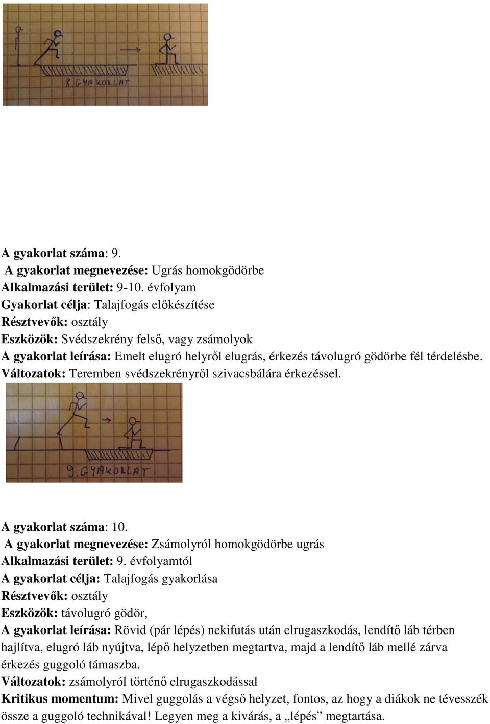 Változatok: Teremben svédszekrényről szivacsbálára érkezéssel. A gyakorlat száma: 10. A gyakorlat megnevezése: Zsámolyról homokgödörbe ugrás Alkalmazási terület: 9.