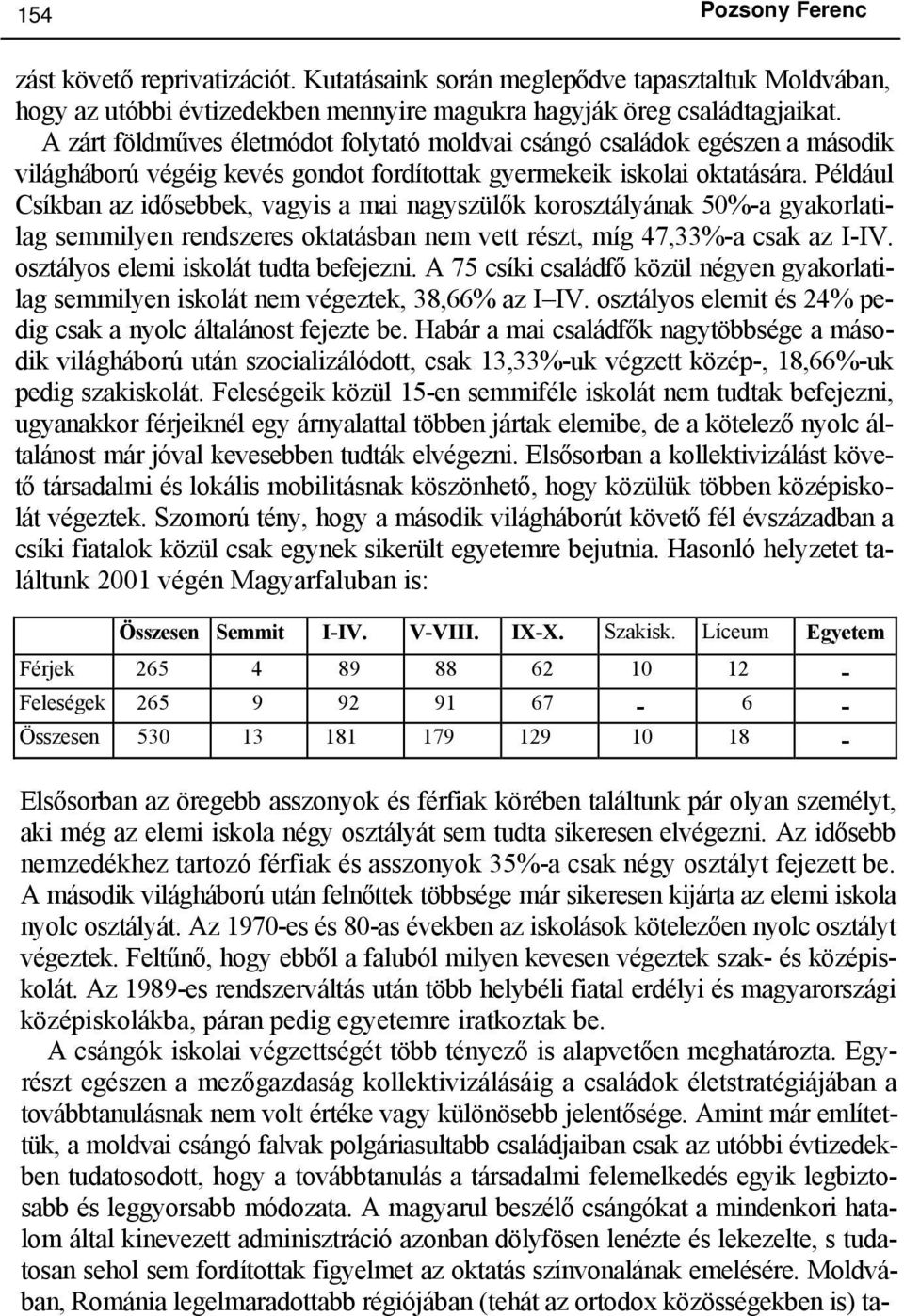 Például Csíkban az idősebbek, vagyis a mai nagyszülők korosztályának 50%-a gyakorlatilag semmilyen rendszeres oktatásban nem vett részt, míg 47,33%-a csak az I-IV.