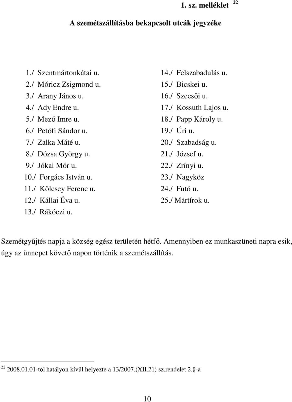 / Jókai Mór u. 22./ Zrínyi u. 10./ Forgács István u. 23./ Nagyköz 11./ Kölcsey Ferenc u. 24./ Futó u. 12./ Kállai Éva u. 25./ Mártírok u. 13./ Rákóczi u.