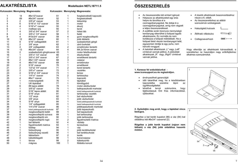 1/2" csavar 54 1 motor 5 4 5/16 x1 csavar 55 1 ékszíj 6 1 mellkasi szíj 56 1 keret 7 4 3/8 x2 3/4" csavar 57 2 hátsó láb 8 4 3/8 x1 1/4" csavar 58 1 fedél 9 4 #10x3/4 csavar 59 4 gumi