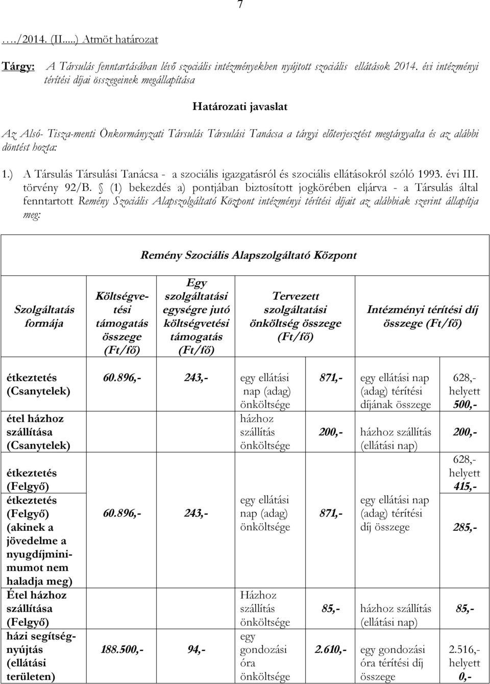 hozta: 1.) A Társulás Társulási Tanácsa - a szociális igazgatásról és szociális ellátásokról szóló 1993. évi III. törvény 92/B.