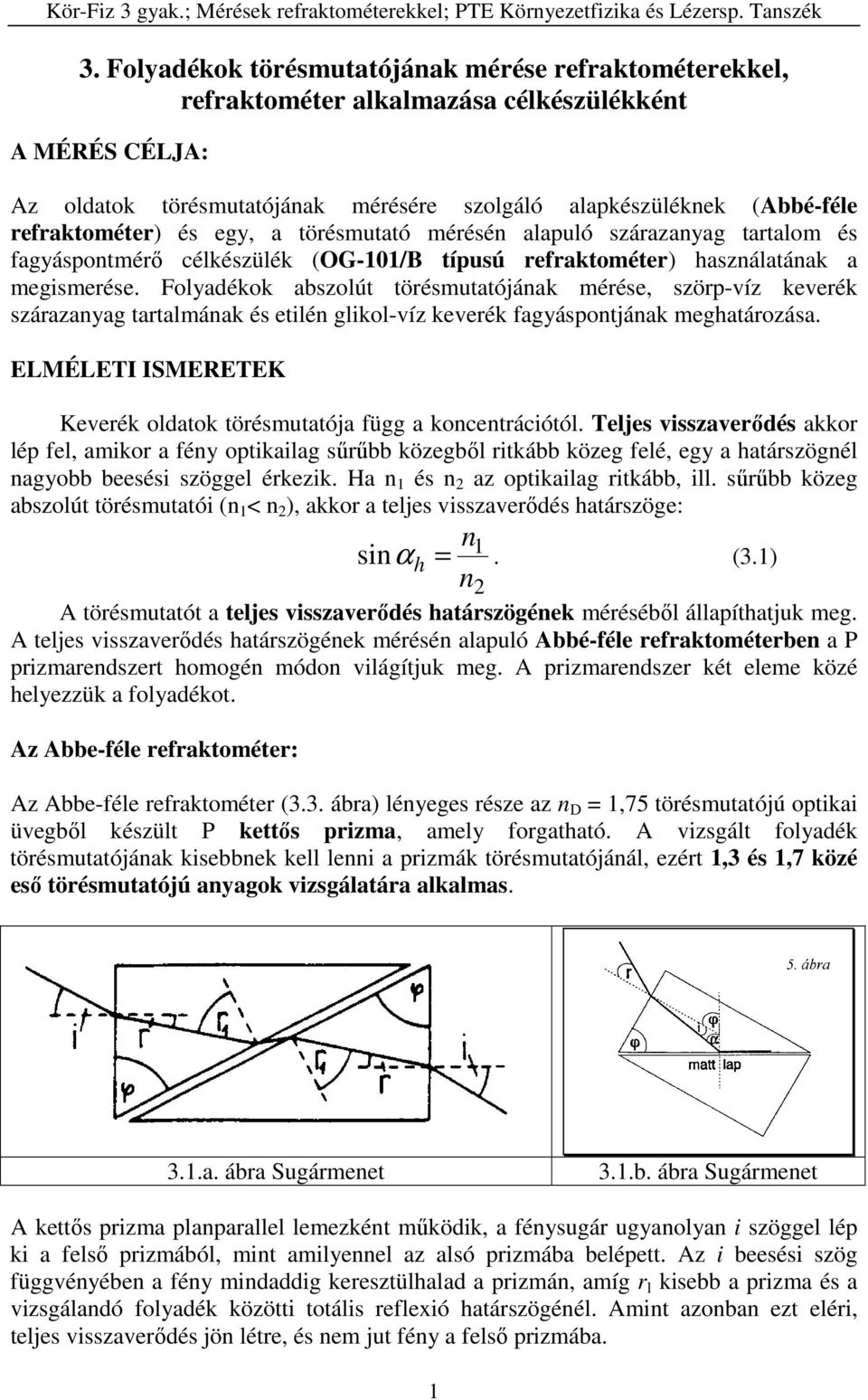 Folyadékok abszolút törésmutatójának mérése, szörp-víz keverék szárazanyag tartalmának és etilén glikol-víz keverék fagyáspontjának meghatározása.