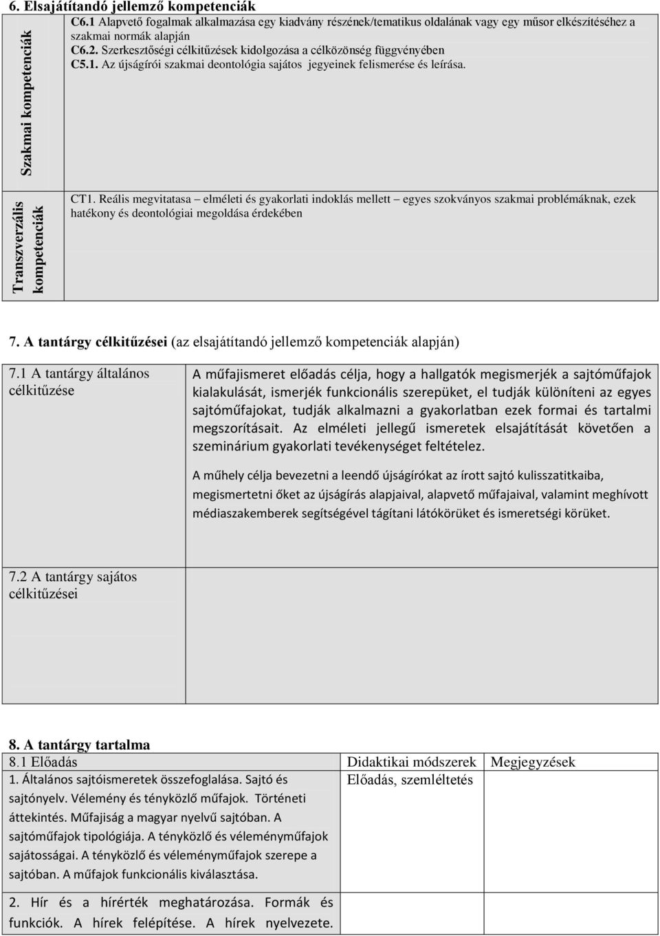 Szerkesztőségi célkitűzések kidolgozása a célközönség függvényében C5.1. Az újságírói szakmai deontológia sajátos jegyeinek felismerése és leírása. CT1.