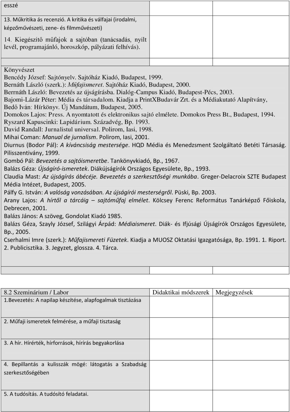 ): Műfajismeret. Sajtóház Kiadó, Budapest, 2000. Berrnáth László: Bevezetés az újságírásba. Dialóg-Campus Kiadó, Budapest-Pécs, 2003. Bajomi-Lázár Péter: Média és társadalom.