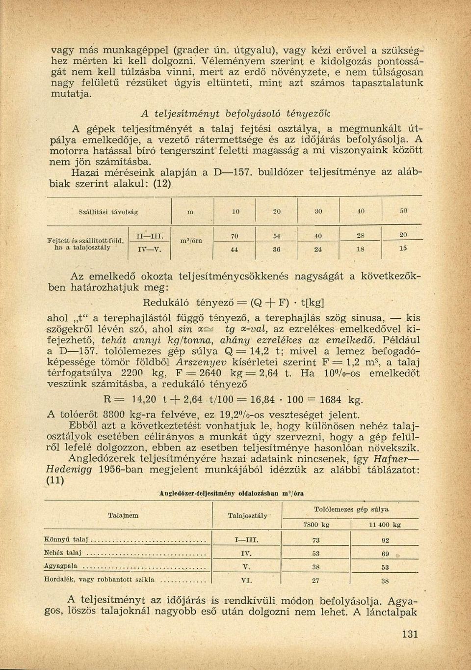 A teljesítményt befolyásoló tényezők A gépek teljesítményét a talaj fejtési osztálya, a megmunkált útpálya emelkedője, a vezető rátermettsége és az időjárás befolyásolja.