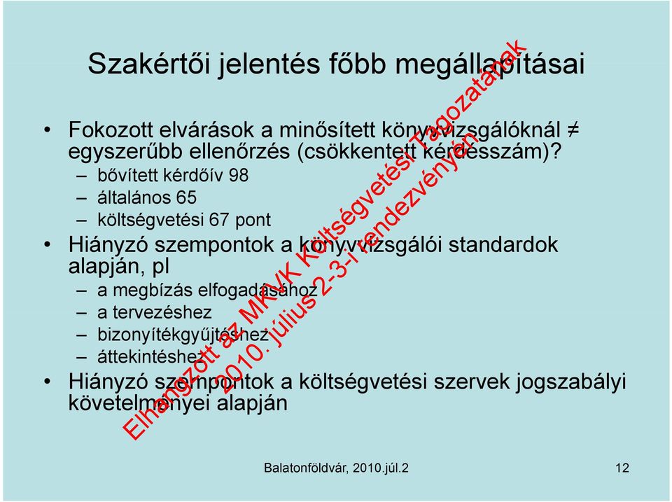 bővített kérdőív 98 általános 65 költségvetési 67 pont Hiányzó szempontok a könyvvizsgálói standardok