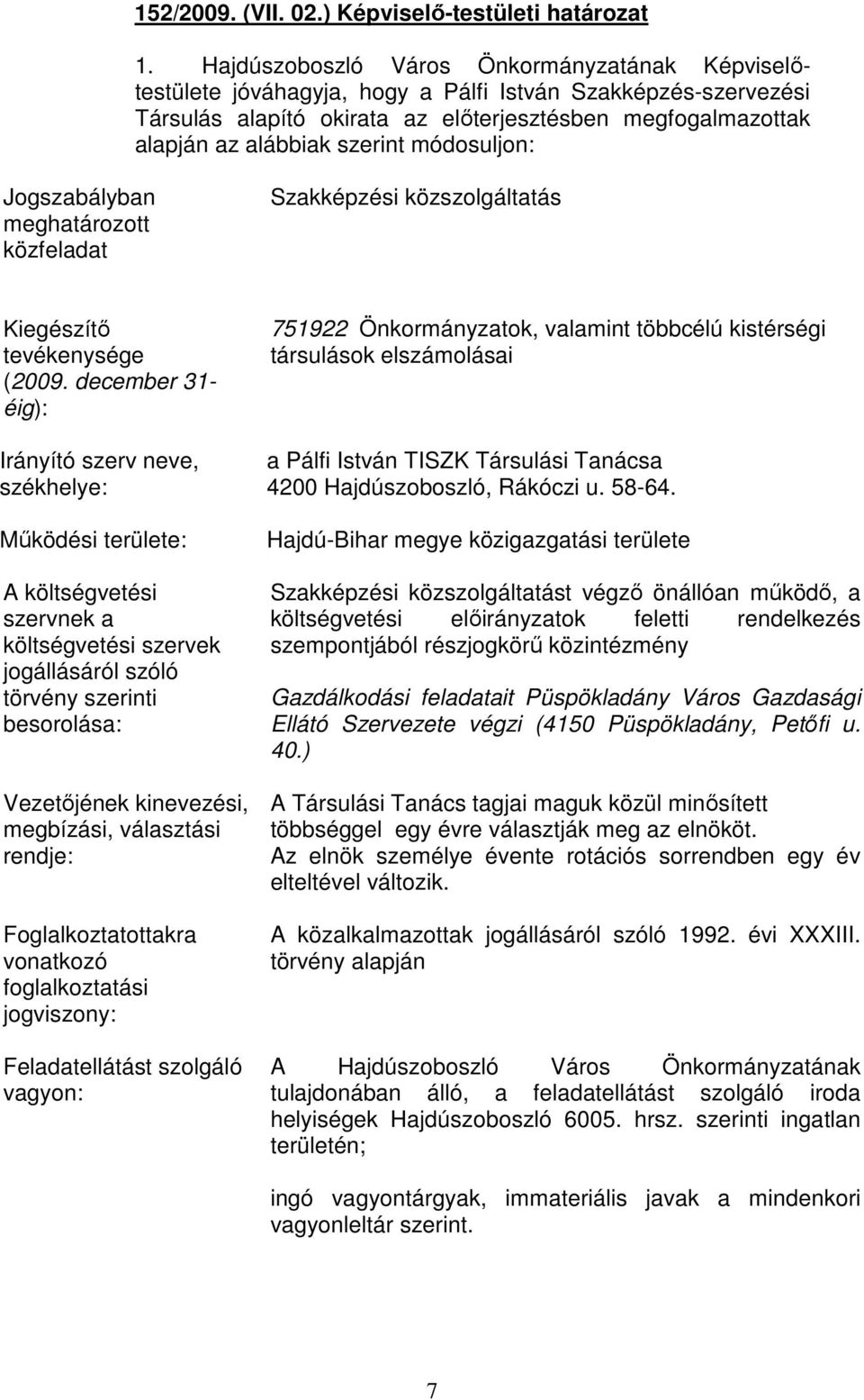 szerint módosuljon: Jogszabályban meghatározott közfeladat Szakképzési közszolgáltatás Kiegészítı tevékenysége (2009.