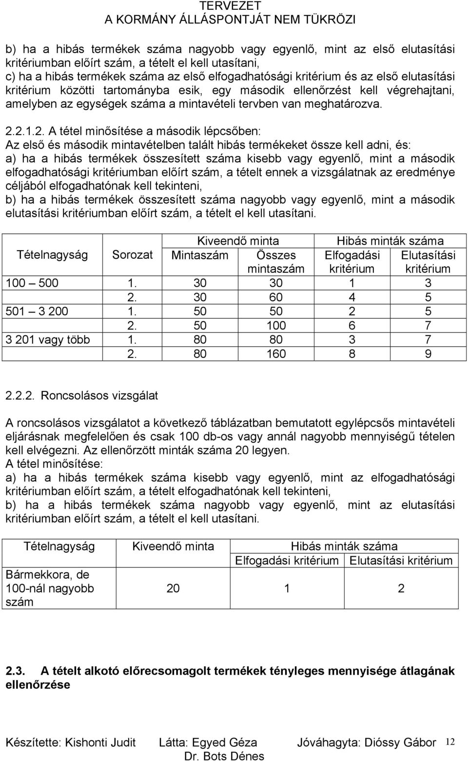 2.1.2. A tétel minősítése a második lépcsőben: Az első és második mintavételben talált hibás termékeket össze kell adni, és: a) ha a hibás termékek összesített száma kisebb vagy egyenlő, mint a