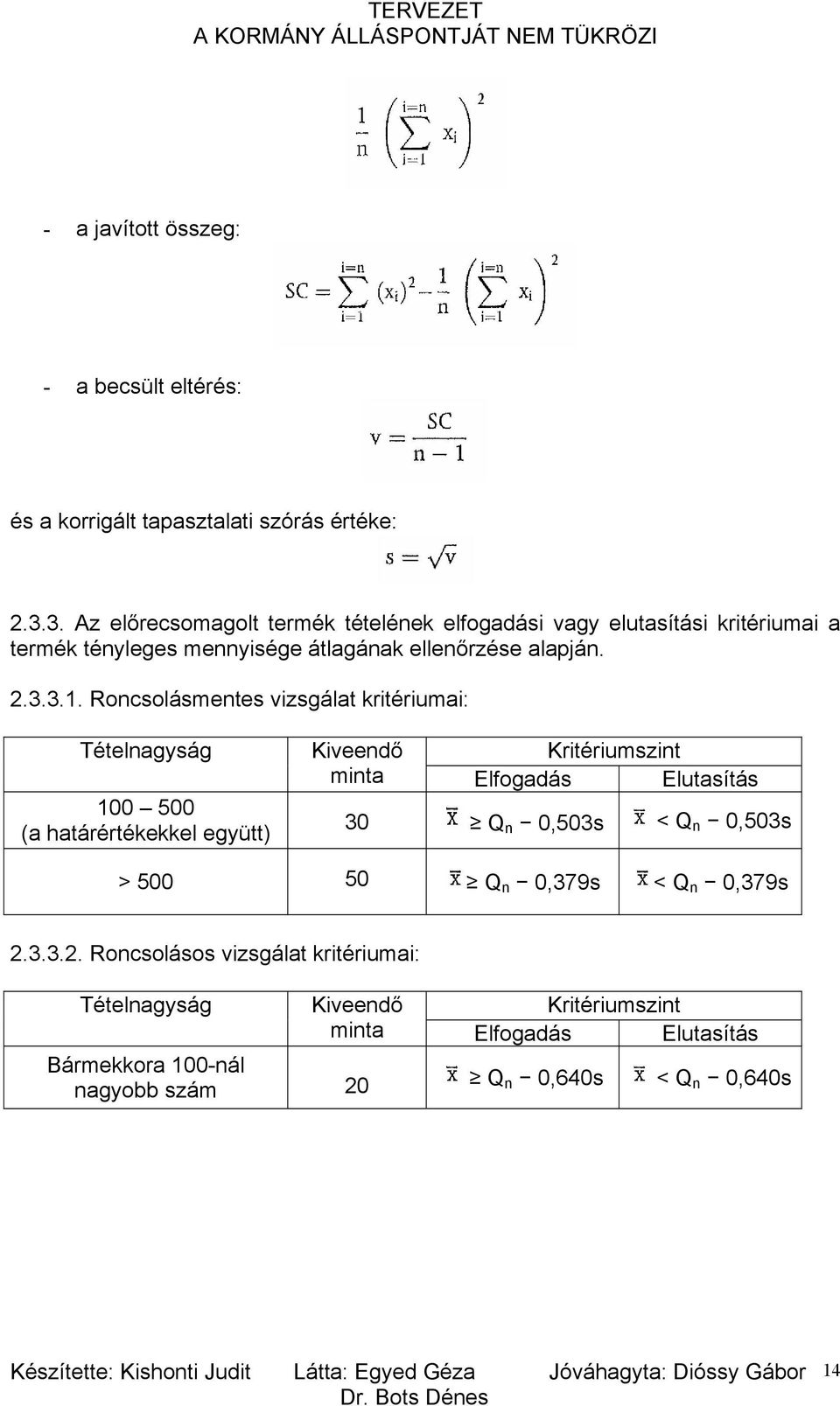 Roncsolásmentes vizsgálat kritériumai: Tételnagyság 100 500 (a határértékekkel együtt) Kiveendő Kritériumszint minta Elfogadás Elutasítás 30 Q n