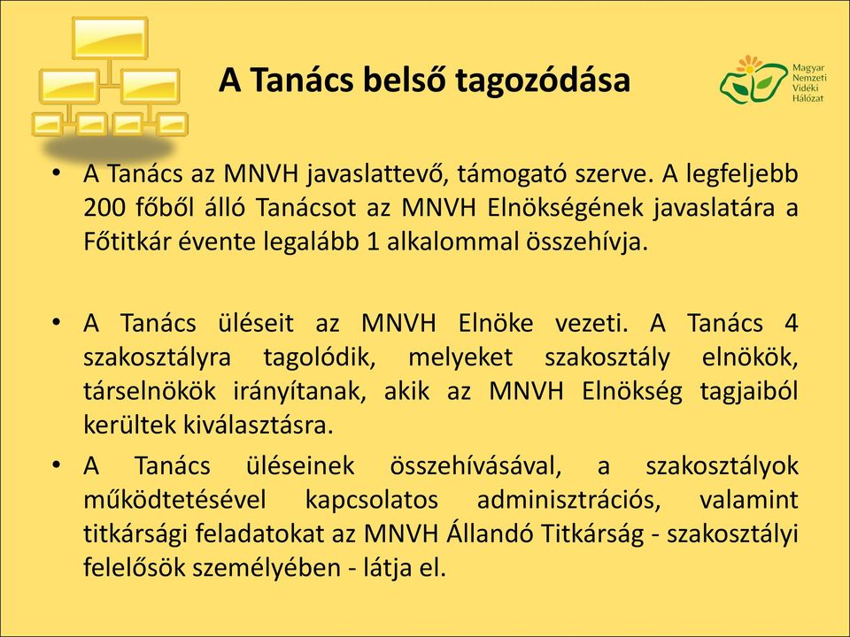 A Tanács üléseit az MNVH Elnöke vezeti.