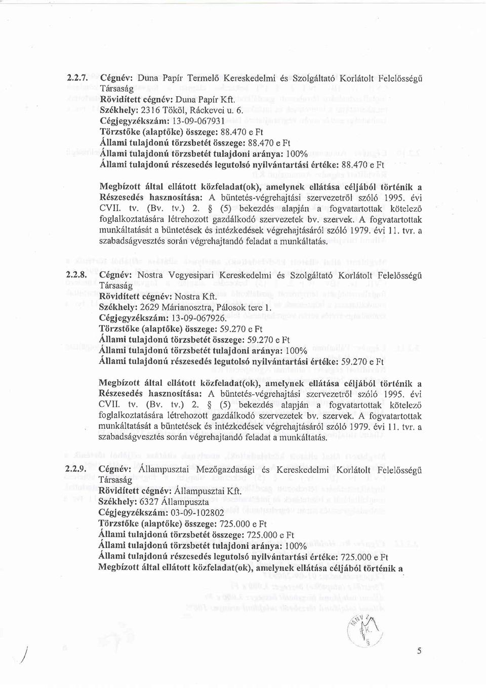 470 e Ft Attami tulajdonri tiirzsbet6t tulajdoni arfnya; 100% A[anri tulajdonri r6szesed6s legutolsrf nyilvfntartfsi 6rt6ke: 88,470 e Ft Megbizott 6ltal ellftott kiizfeladat(ok), amelynek ell:itfsa c