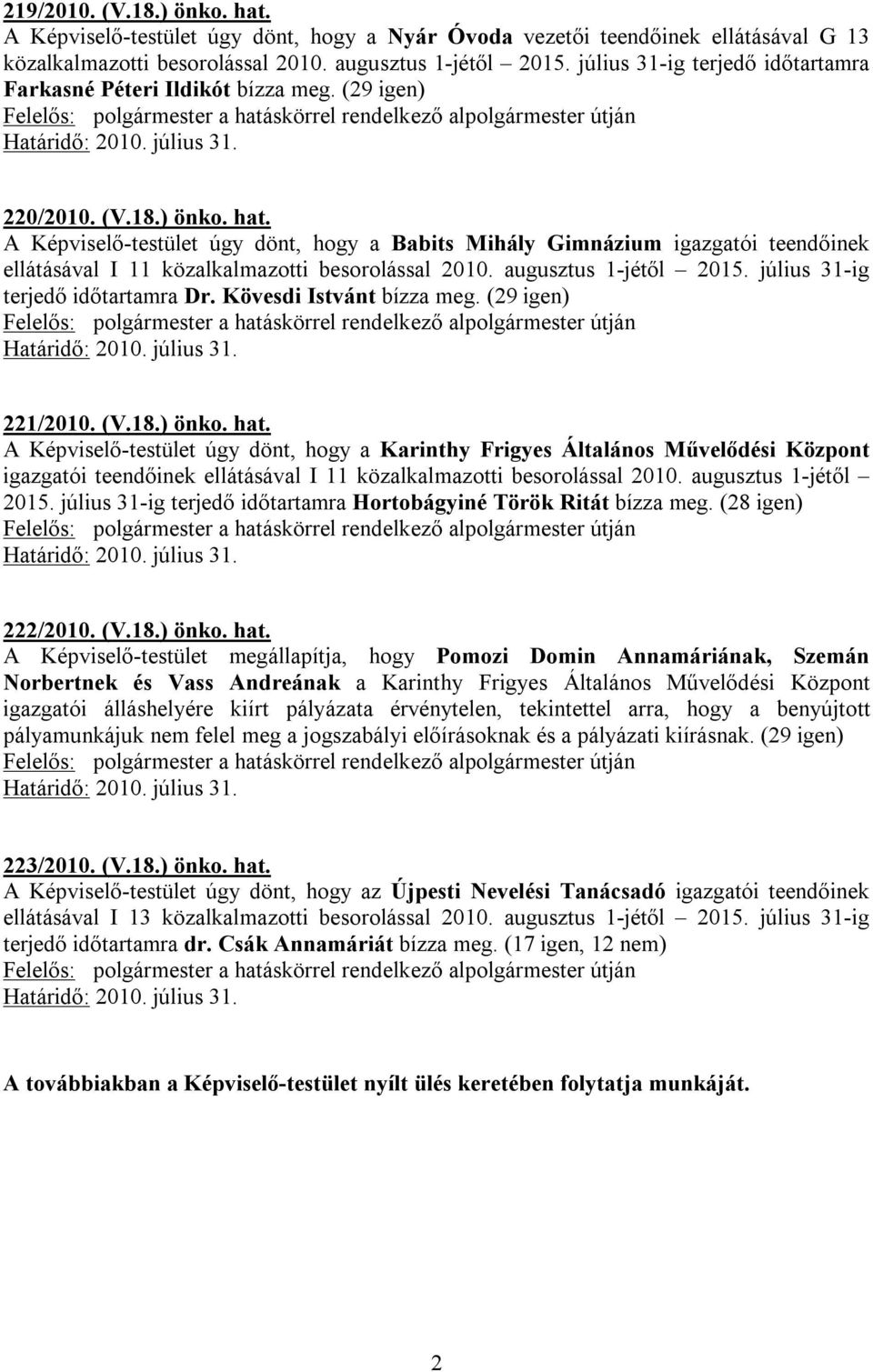 A Képviselő-testület úgy dönt, hogy a Babits Mihály Gimnázium igazgatói teendőinek ellátásával I 11 közalkalmazotti besorolással 2010. augusztus 1-jétől 2015. július 31-ig terjedő időtartamra Dr.