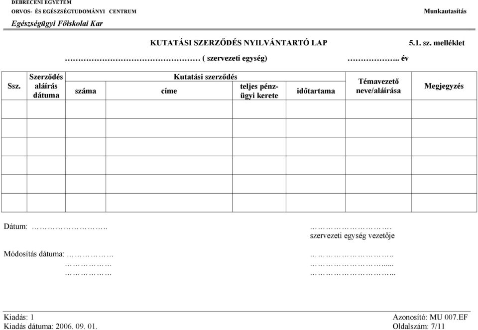 Szerződés aláírás dátuma száma címe Kutatási szerződés teljes pénzügyi kerete