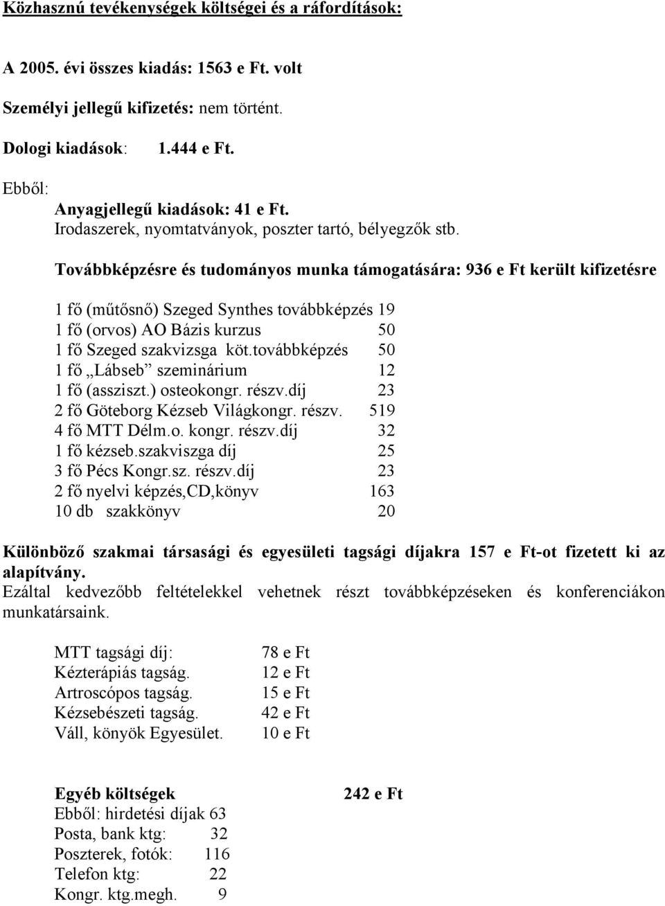 Továbbképzésre és tudományos munka támogatására: 936 e Ft került kifizetésre 1 fő (műtősnő) Szeged Synthes továbbképzés 19 1 fő (orvos) AO Bázis kurzus 50 1 fő Szeged szakvizsga köt.