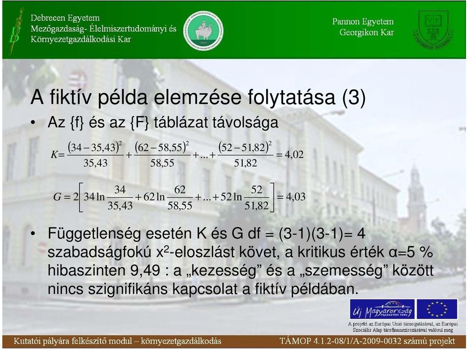 .. + 52ln = 35,43 58,55 51,82 4,03 Függetlenség esetén K és G df = (3-1)(3-1)= 4 szabadságfokú x 2